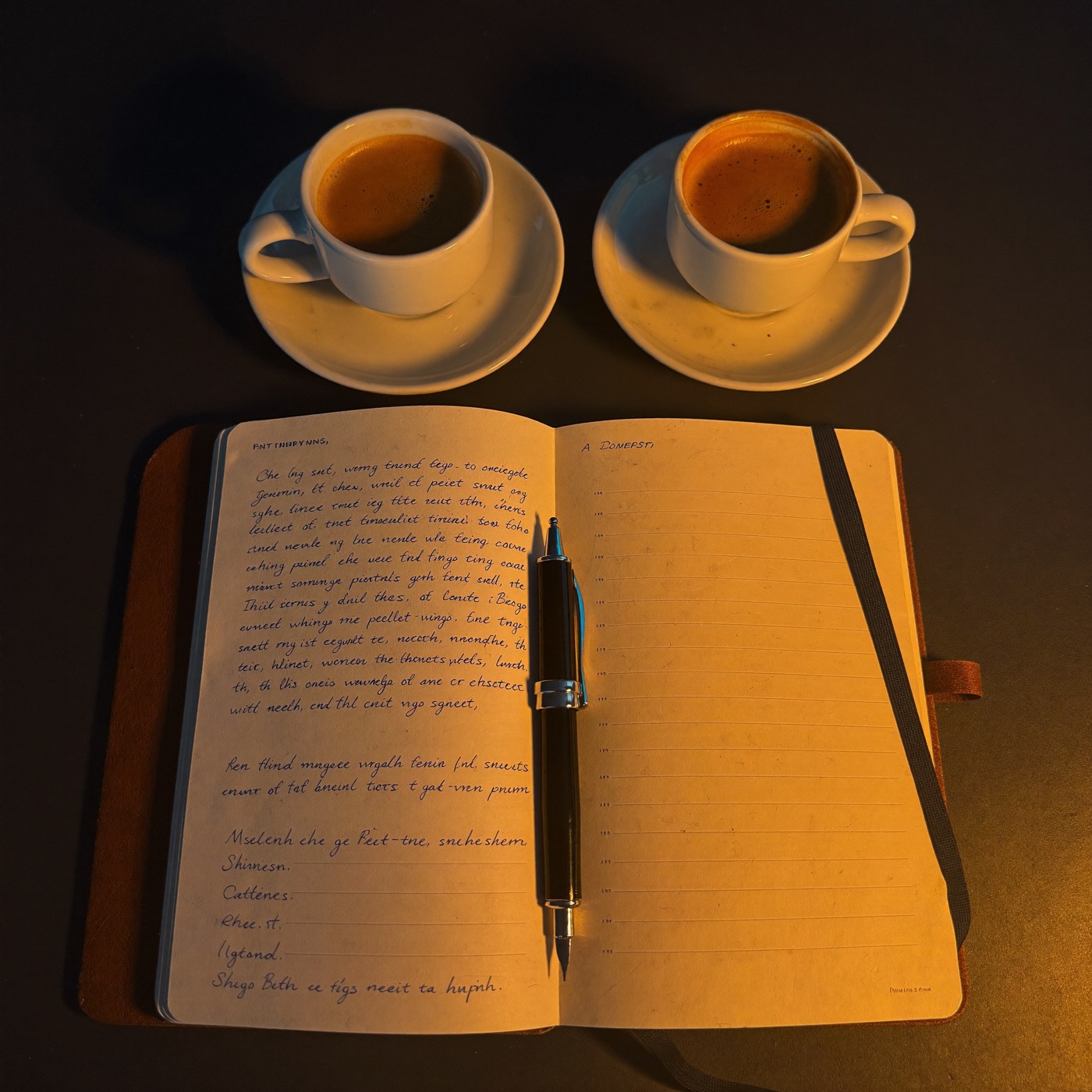 Espresso cups and a notebook in a meeting setting